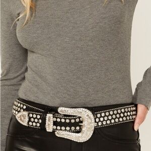 Studded Black Genuine Leather Belt with Silver Buckle